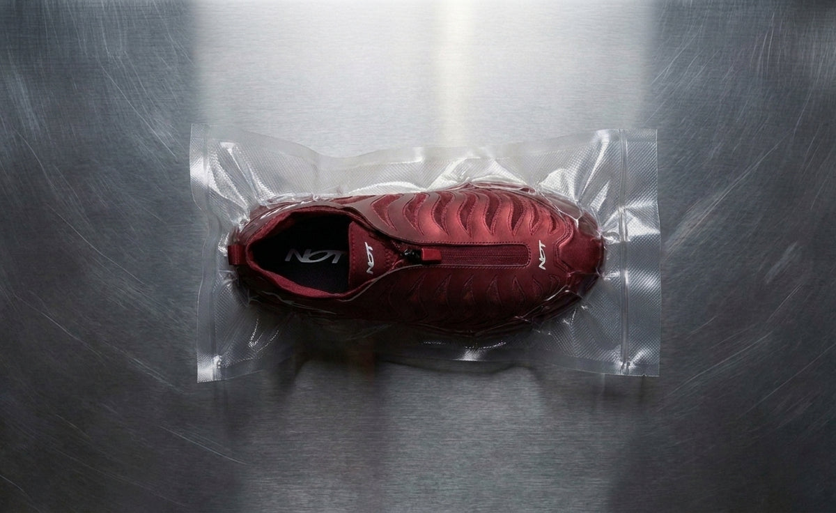 Conceptual colour study: red NR1 wrapped in clear film on brushed steel